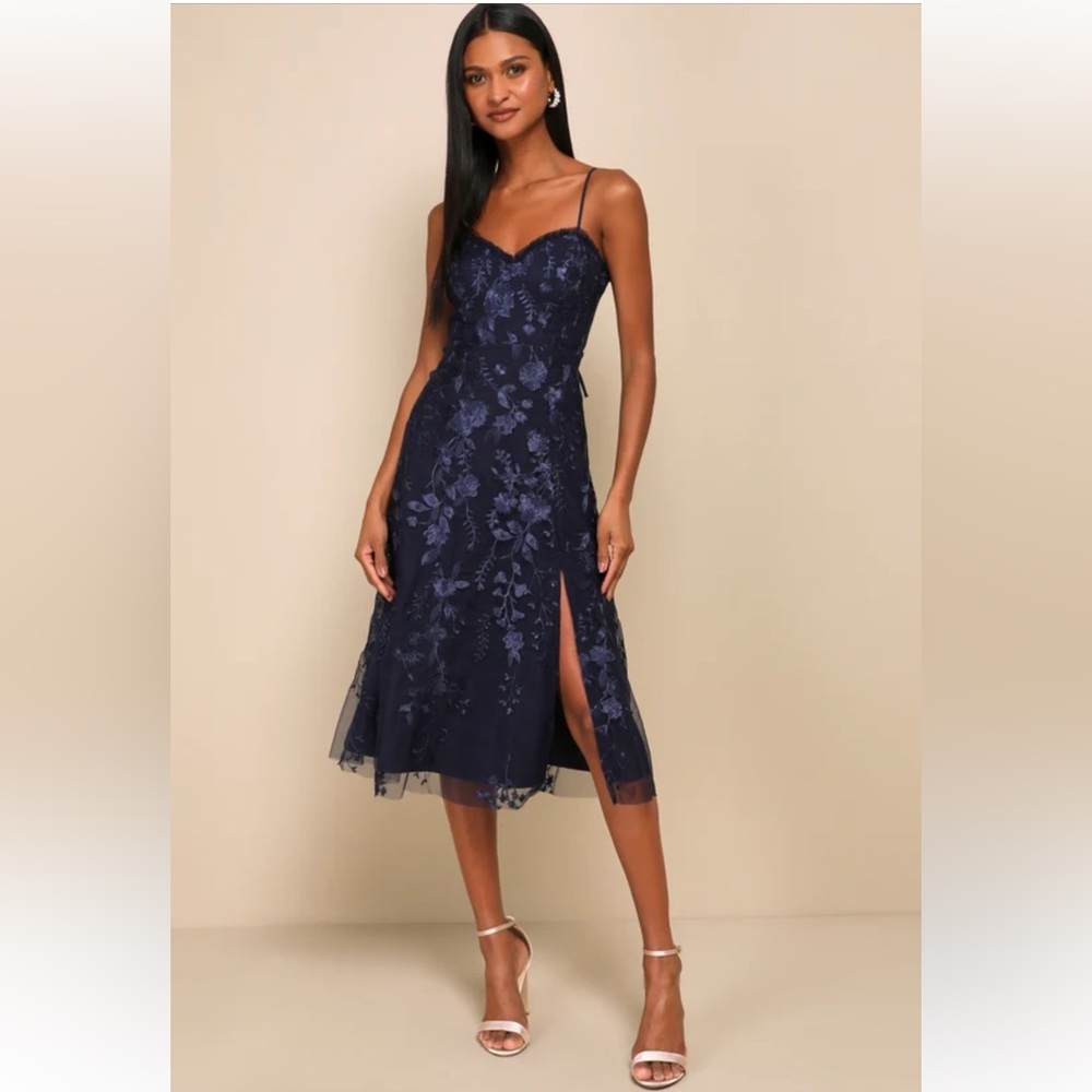 Lulus Charmingly Sophisticated Navy Blue Tulle Embroidered Midi Dress